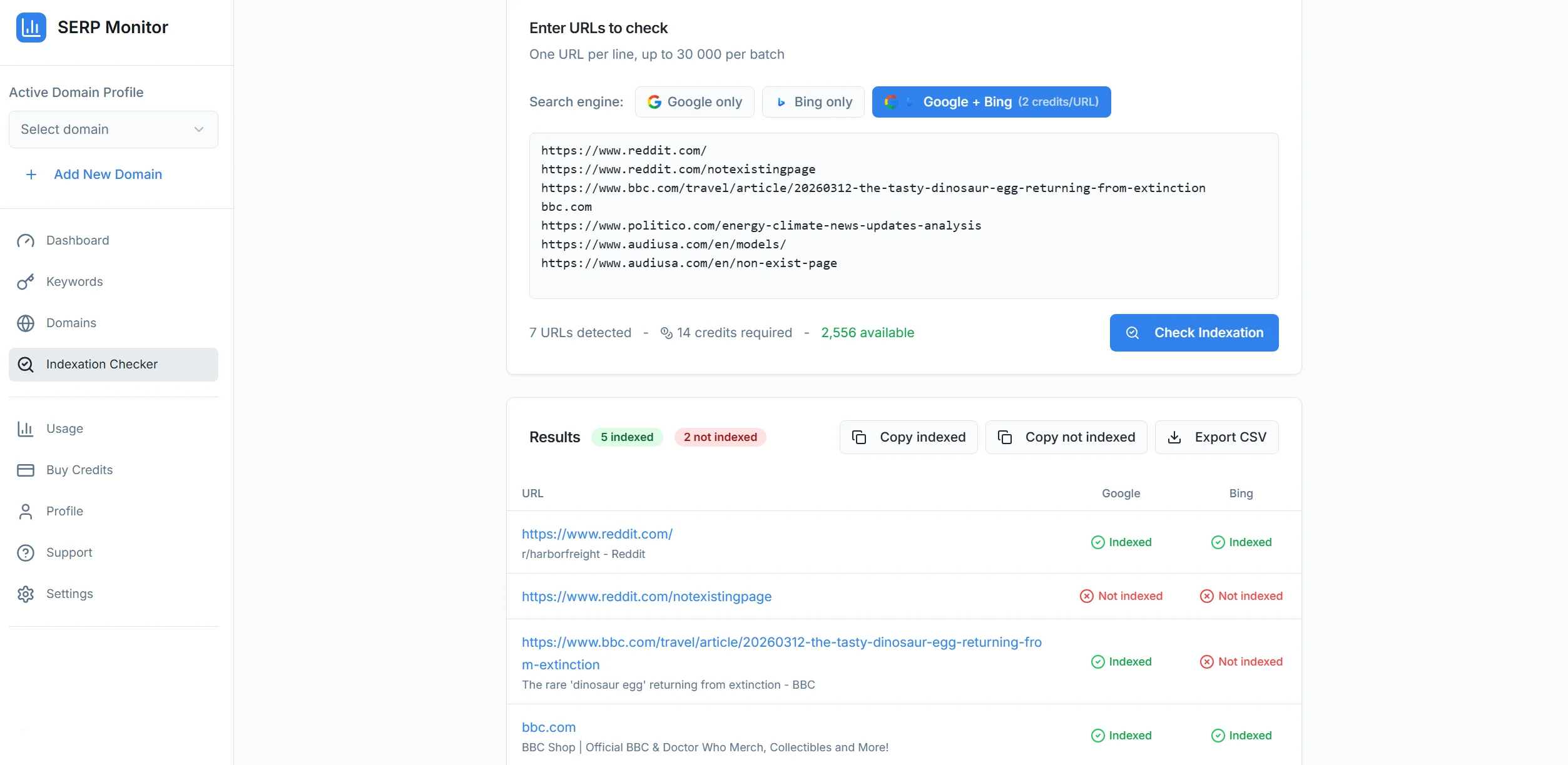 Indexation Checker tool screenshot showing bulk URL checking with Google indexation results