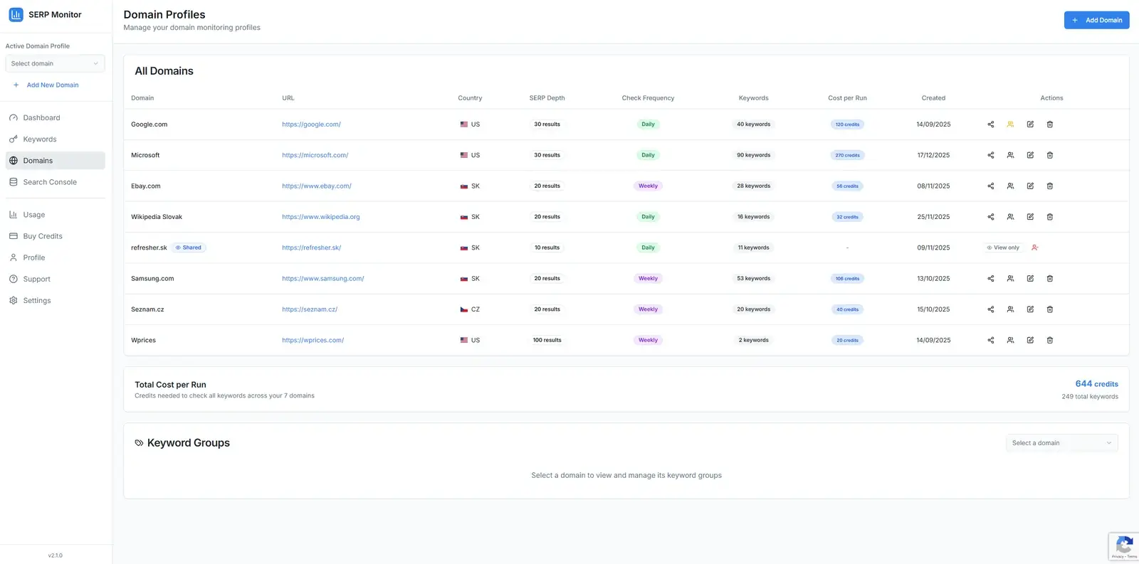 SERP Monitor - Domain Management